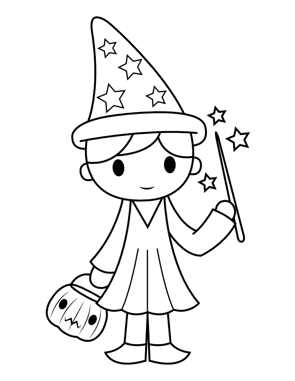 Printable wizard trick or treater coloring page
