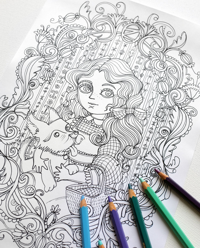 Coloring page jpg the wonderful wizard of oz dorothy and toto portrait l frank baum instant download art printable illustration