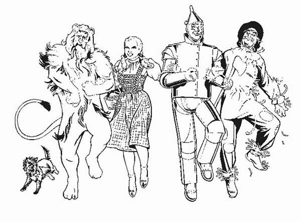 The wizard of oz dorothy and friends dancing together in the wizard of oz coloring page wizard of oz color cute coloring pages puppy coloring pages