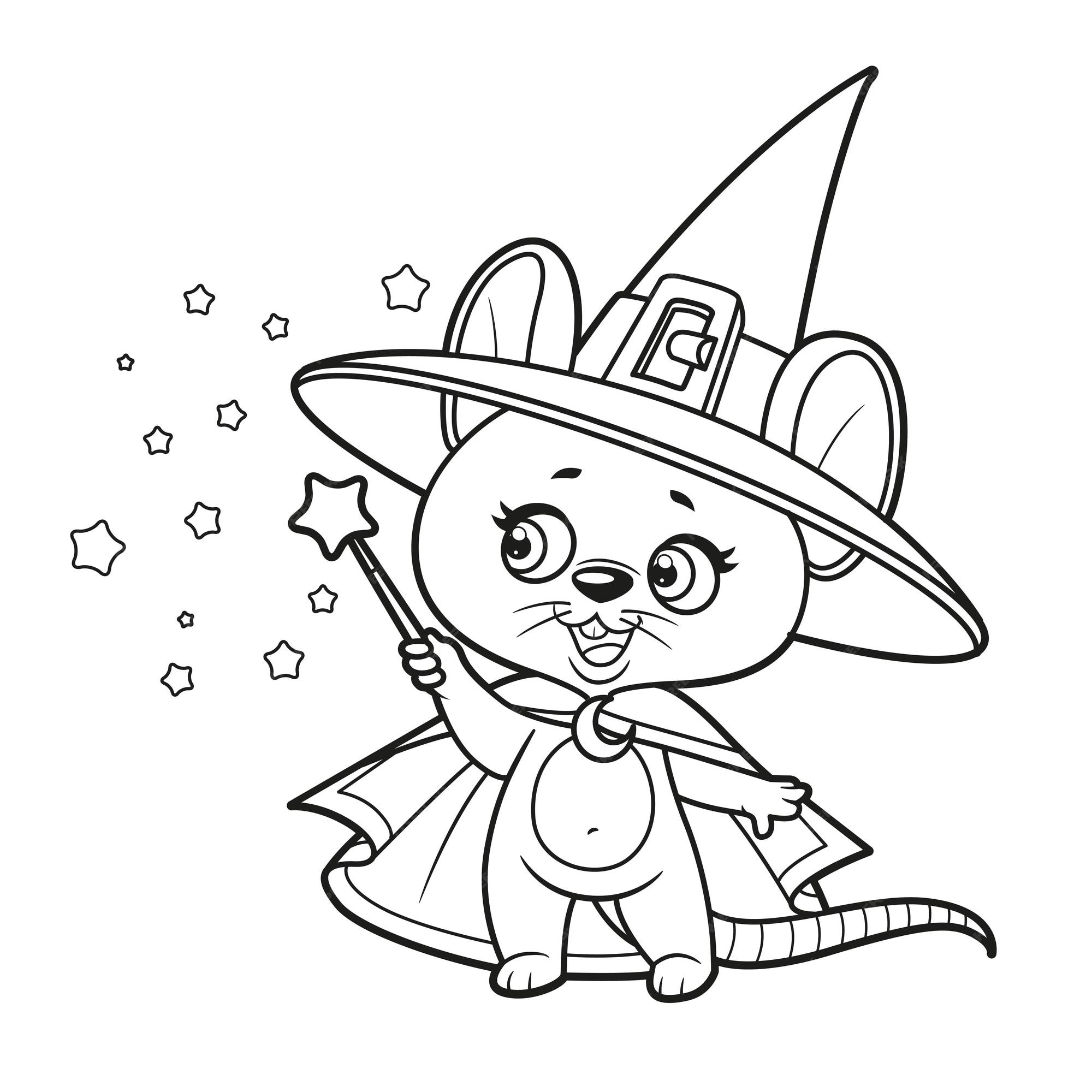 Premium vector cute cartoon mouse wizard with magic wand outlined for coloring page on white background