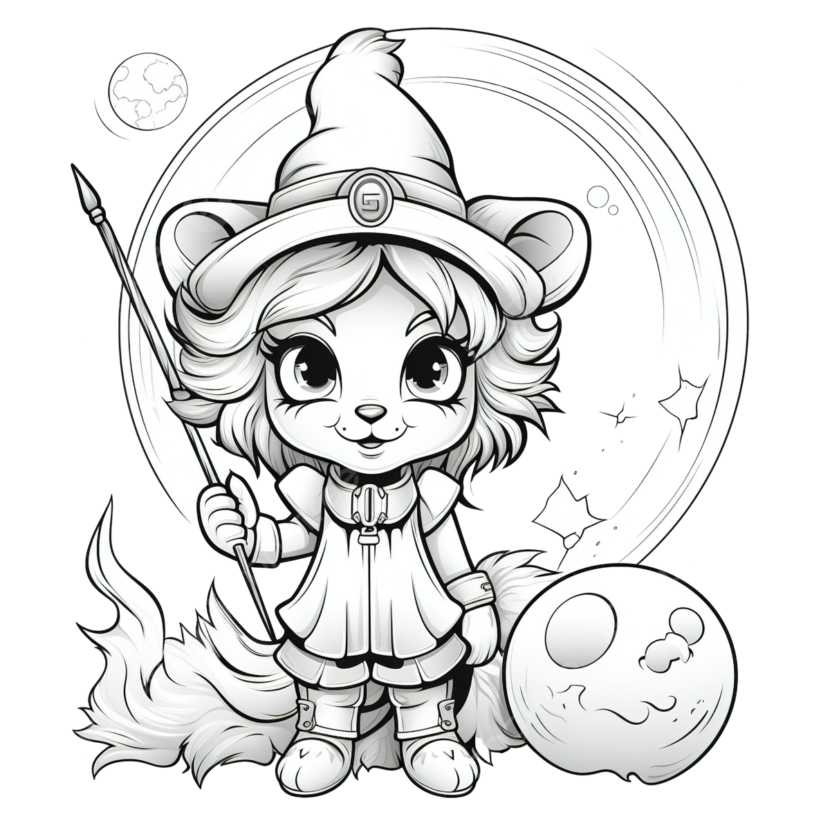 Coloring book with a cute cartoon halloween witch lion front the moon coloring book animal sketch doodle character png transparent image and clipart for free download