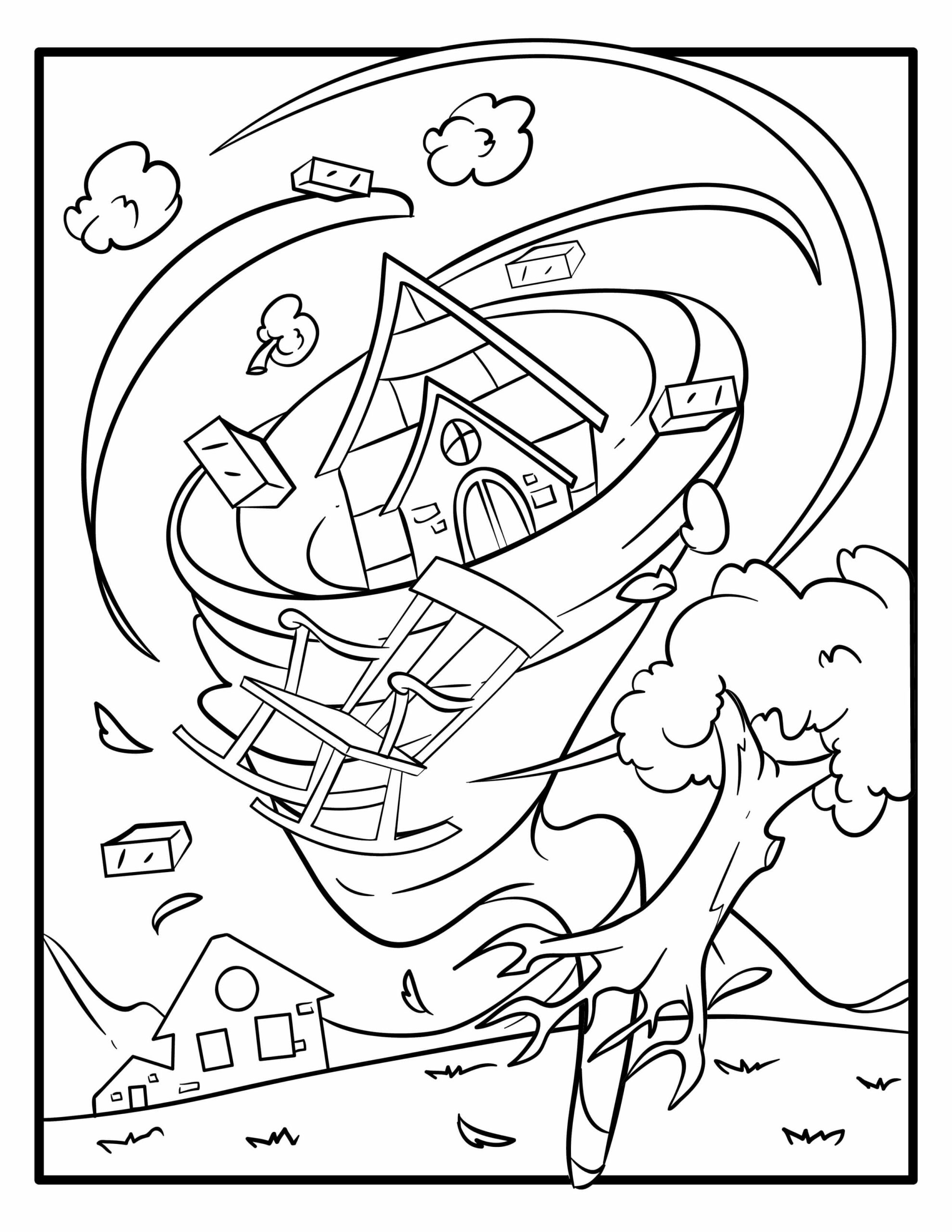 Tornadoes swept the whole house and trees coloring page