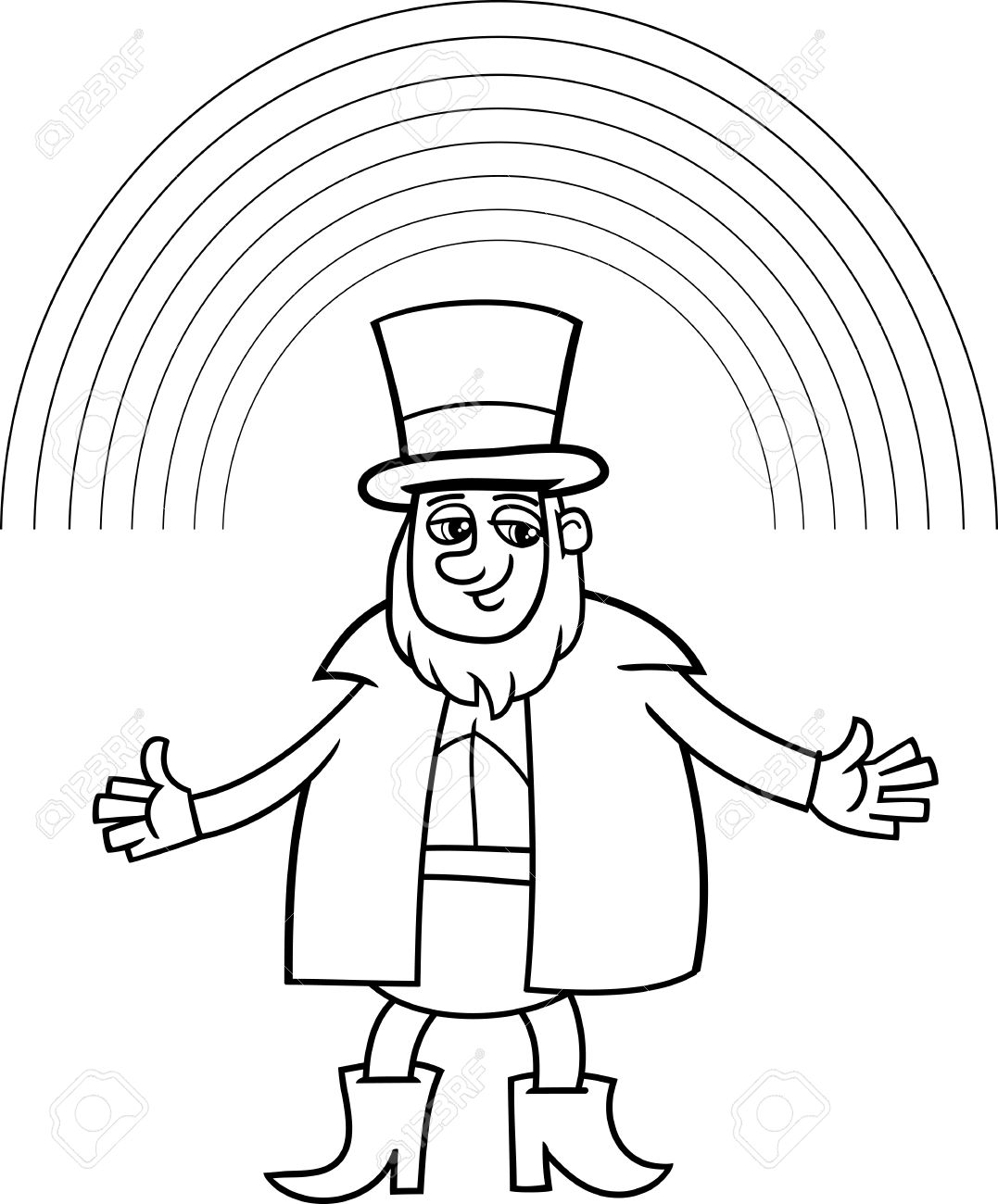 Black and white cartoon illustration of leprechaun with rainbow on saint patrick day for coloring book royalty free svg cliparts vectors and stock illustration image