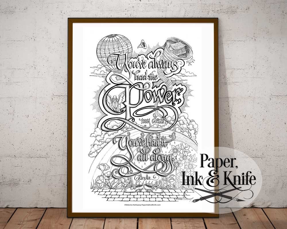 Wizard of oz large adult coloring page intricate hand lettering poster size flying monkey black white line art digital download pdf