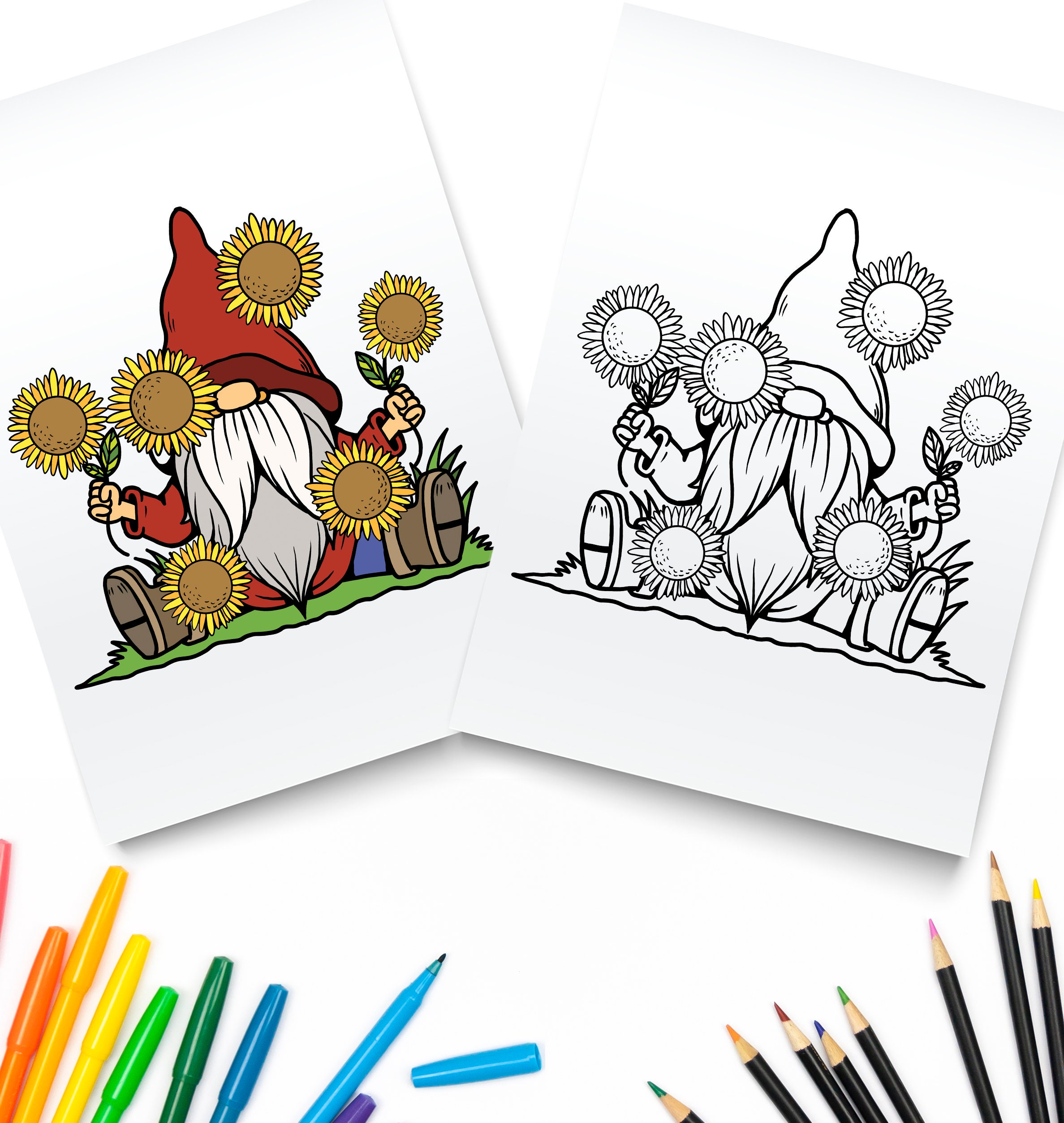 Sunflower gnome coloring page garden gnome digital download cute summer printable pdf