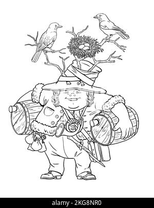 Funny forest gnome drawing coloring page with the magician dwarf coloring template with wizard stock photo