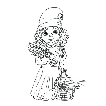 Cute garden gnome girl coloring book with gnomes a magical creature the girl is a herbalist vector illustration isolated on white background vector