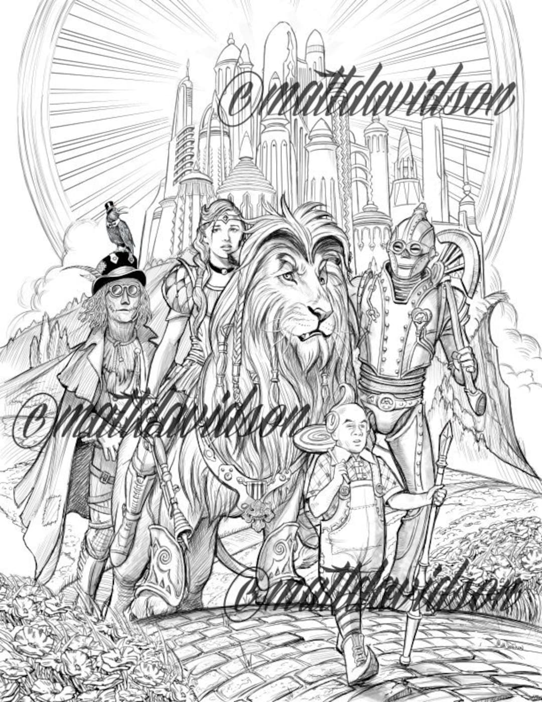 Coloring pages adult coloring steampunk coloring page wizard of oz steampunk fantasy coloring printable downloadable grayscale download now