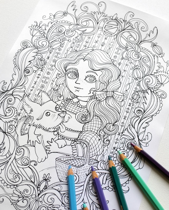 Coloring page jpg the wonderful wizard of oz dorothy and toto portrait l frank baum instant download art printable illustration