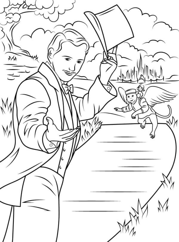 A wizard with a flying monkey meet you in the emerald city coloring page