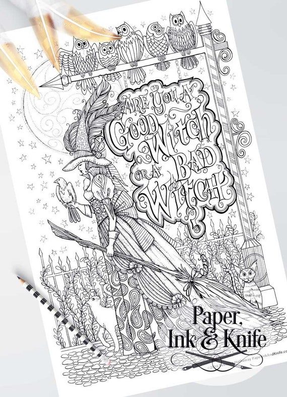 Good witch or bad witch wizard of oz large adult coloring book page detailed hand lettering owls witch cat digital download pdf