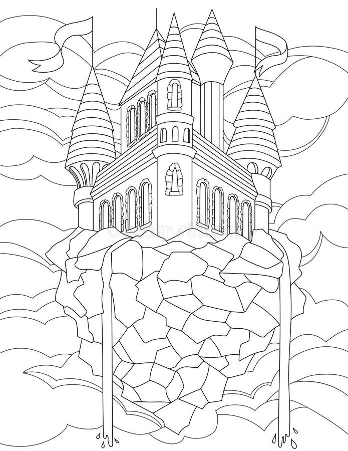 Coloring book page with big castle with flags on top placed on hill sheet to be colored with old fort with clouds in stock illustration