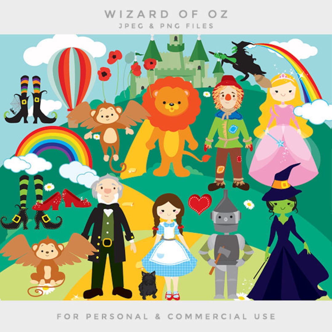 Wizard of oz clipart clip art dorothy scarecrow cowardly lion tin man wicked witch emerald castle rainbows witch shoes ruby flying monkeys instant download
