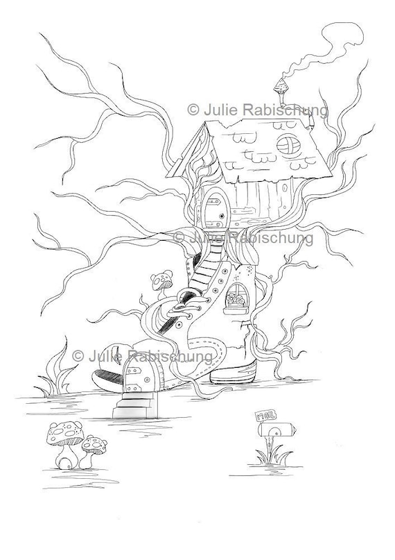 Boot house whimsical fantasy printable coloring page fantasy house digital stamp for cardmaking