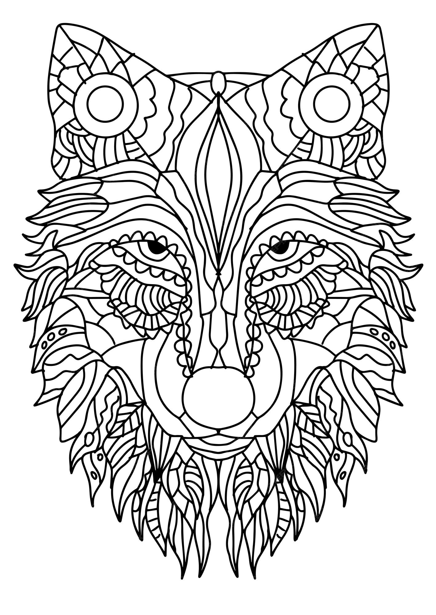 Premium vector adult coloring book page abstract wolf head ilustration