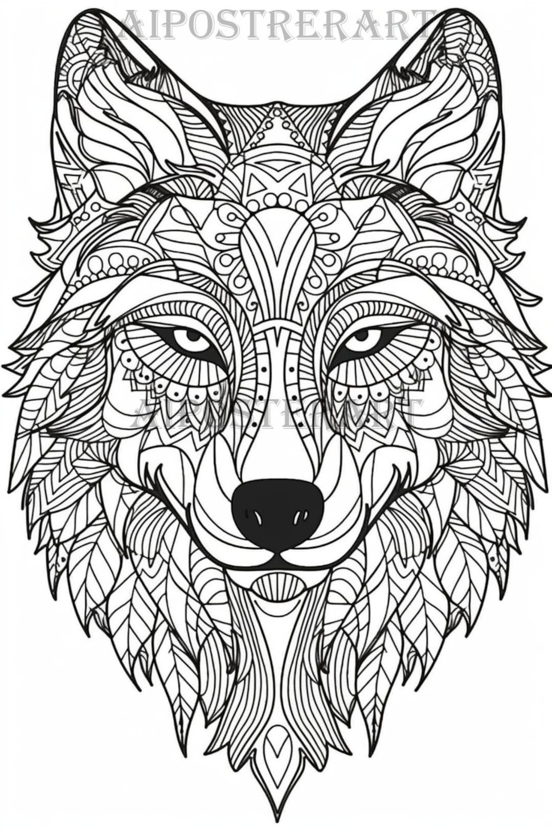 Wolf head mandala coloring sheet for adults printable coloring page advanced mandala style coloring