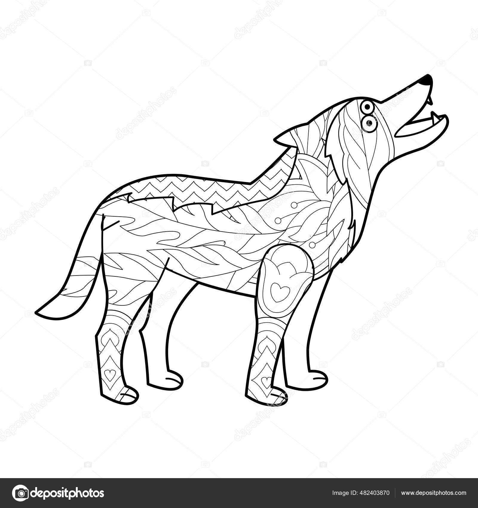 Contour linear illustration animal coloring book wolf stress picture line stock vector by nurrka
