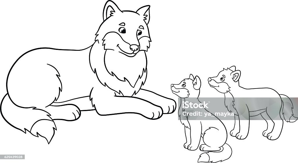 Coloring pages mother wolf with her little babies stock illustration