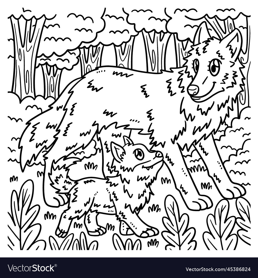 Mother wolf and baby coloring page for kids vector image
