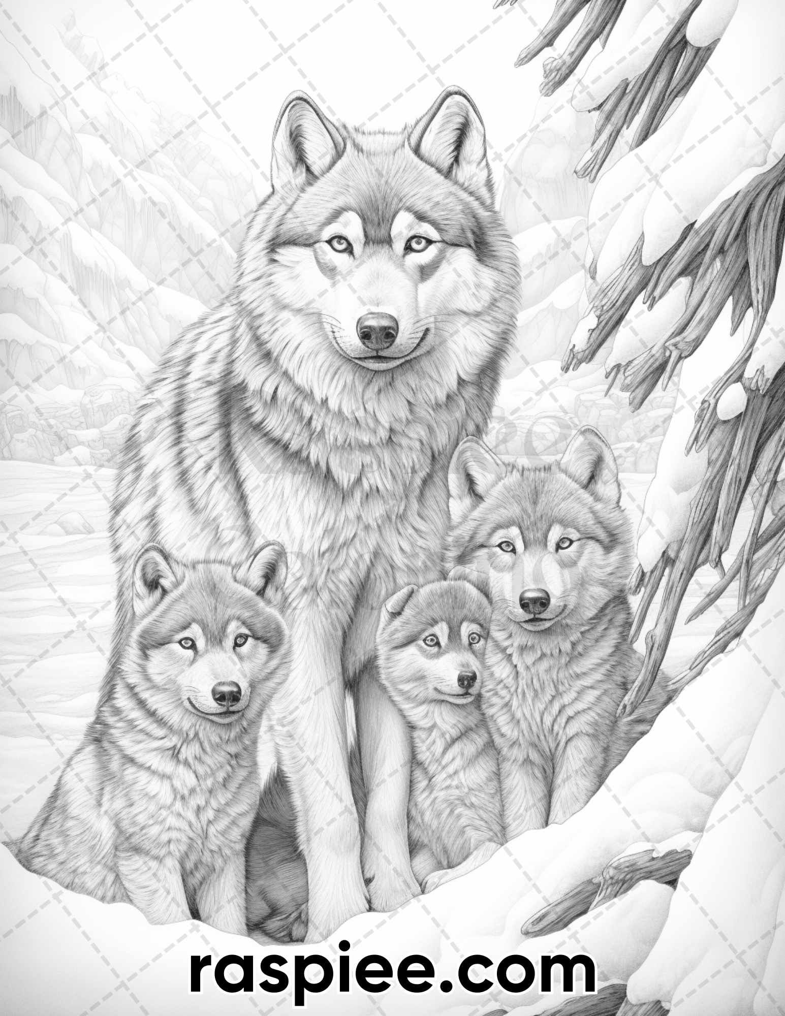 Winter wolf grayscale coloring pages for adults printable pdf inst grayscale coloring adult coloring pages winter wolves