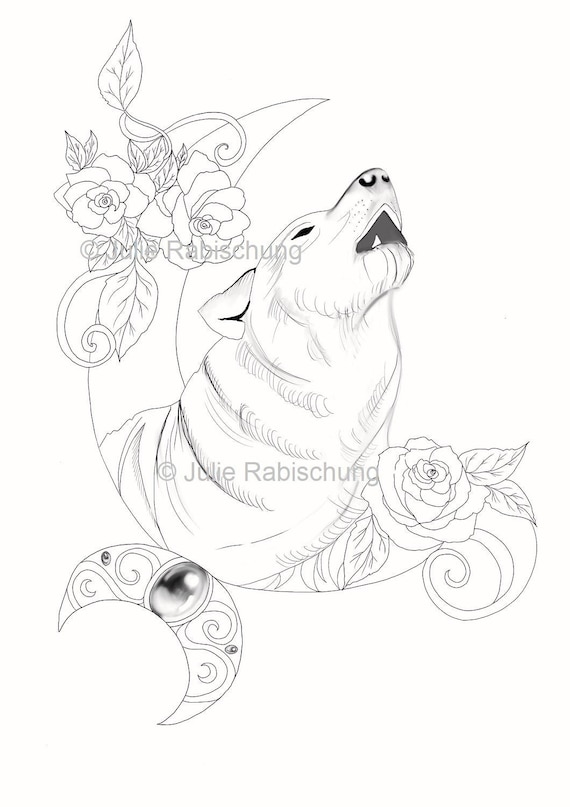 Wolf and moon coloring pageprintable wolf coloring pageanimal coloring pagetattoo style coloring book adult coloring book