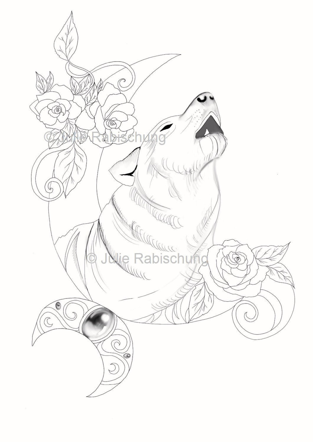 Wolf and moon coloring pageprintable wolf coloring pageanimal coloring pagetattoo style coloring book adult coloring book