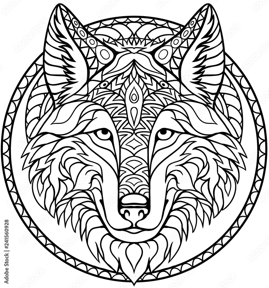 Doodle wolf coloring book outline drawing in vector vector