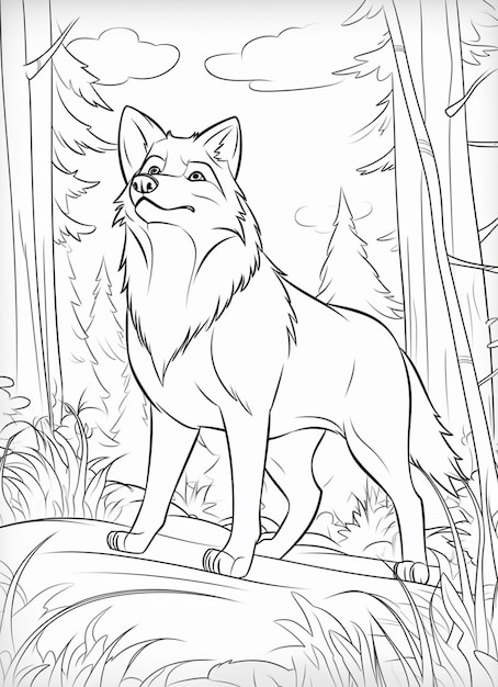 Premium photo coloring pages of a wolf in the woods generative ai