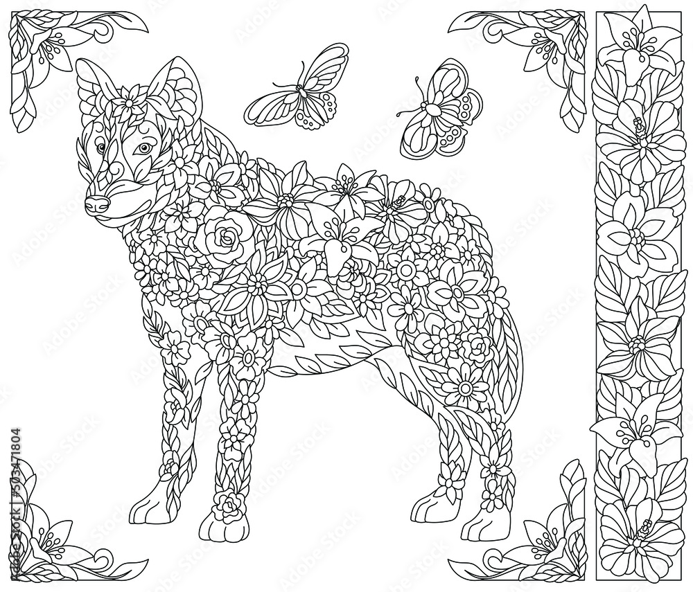 Adult coloring book page floral wolf ethereal animal consisting of flowers leaves and butterflies vector