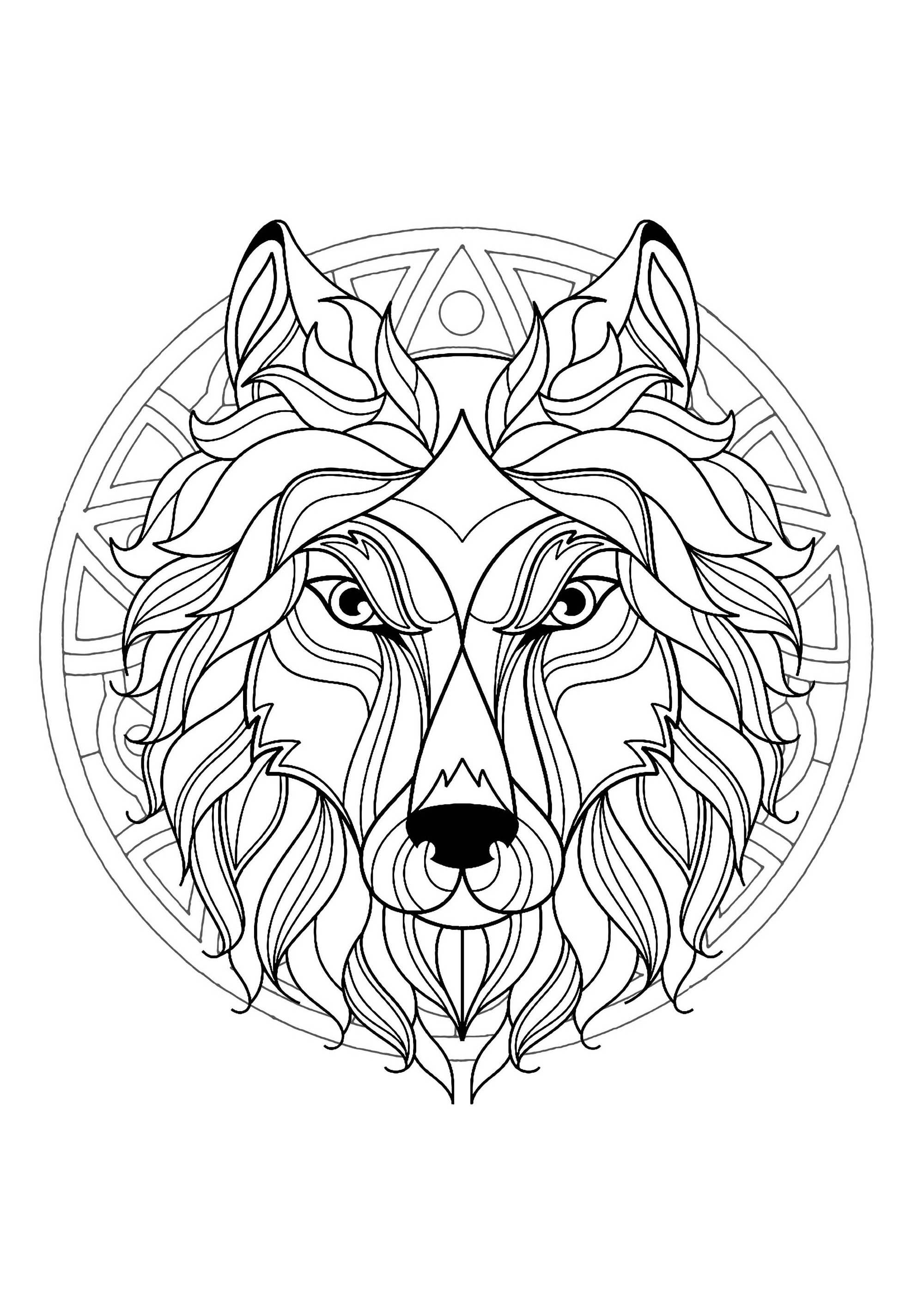 Complex mandala coloring page with wolf head