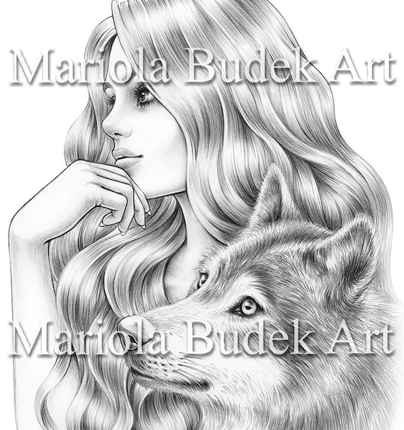 She wolf mariola budek premium coloring page printable adult animal colouring pages book instant download grayscale illustration pdf