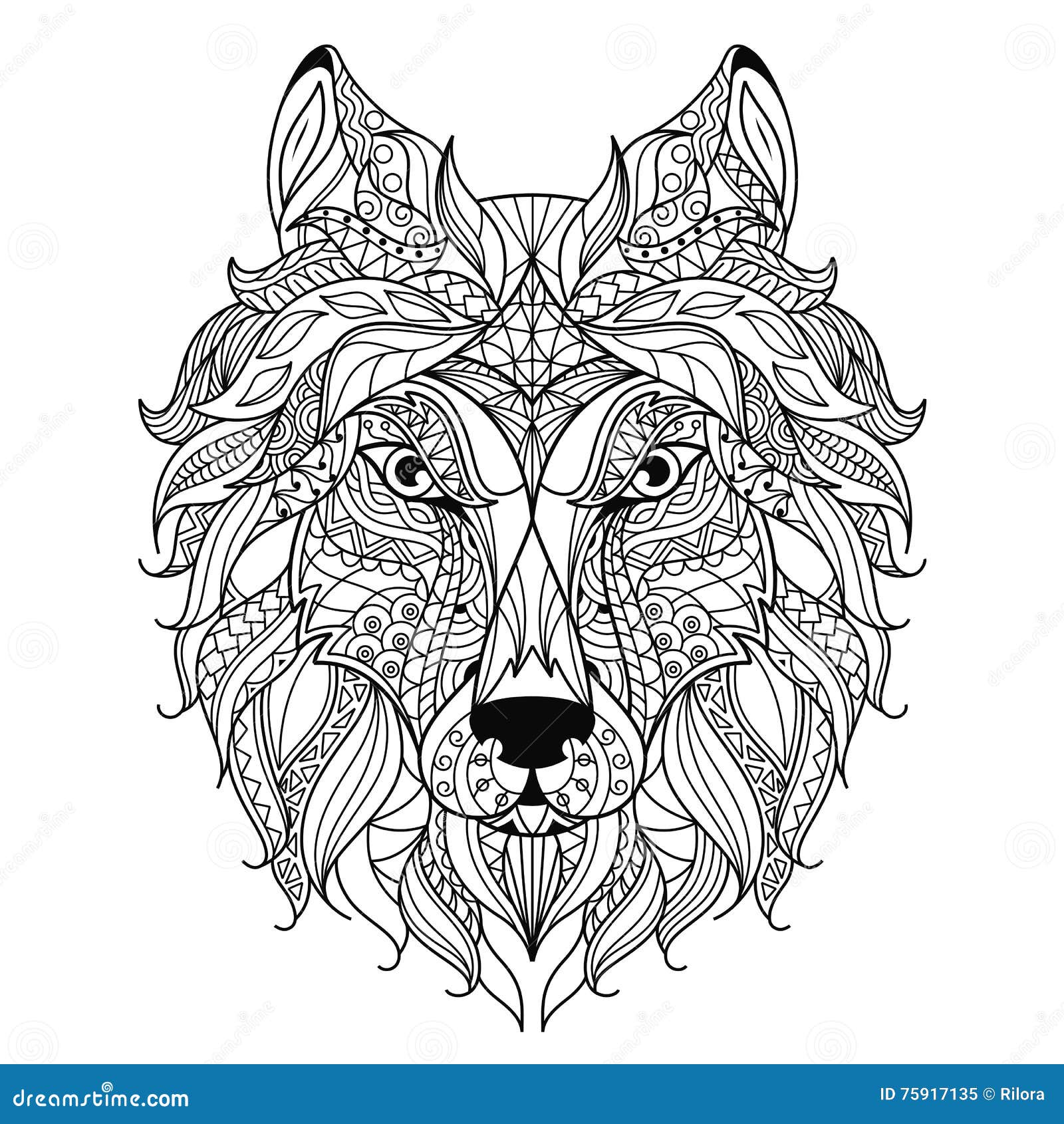 Wolf head zentangle stylized coloring page stock vector