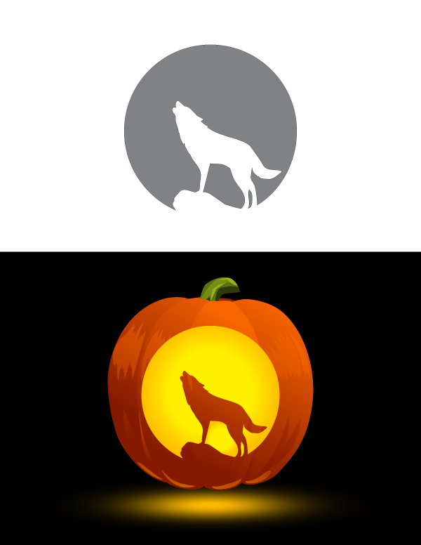 Printable howling wolf and moon pumpkin stencil