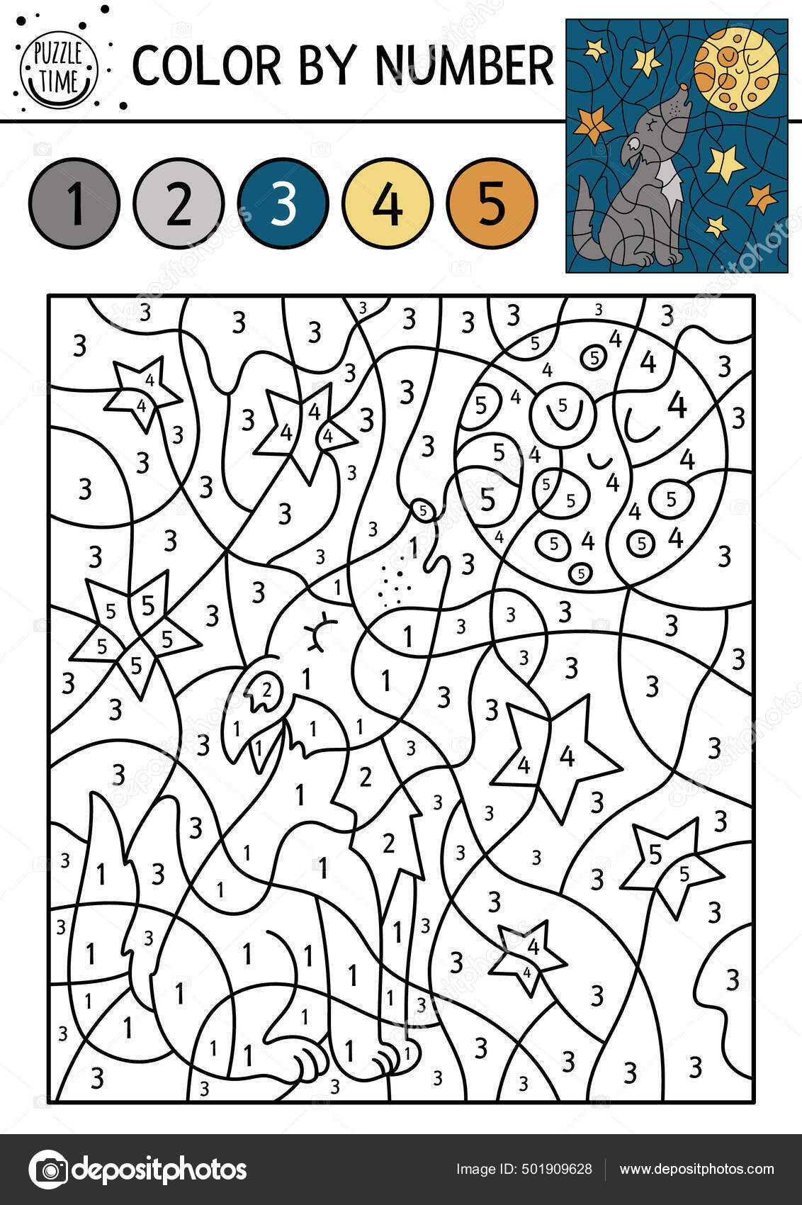 Vector forest color number activity wolf howling moon woodland counting stock vector by lexiclaus