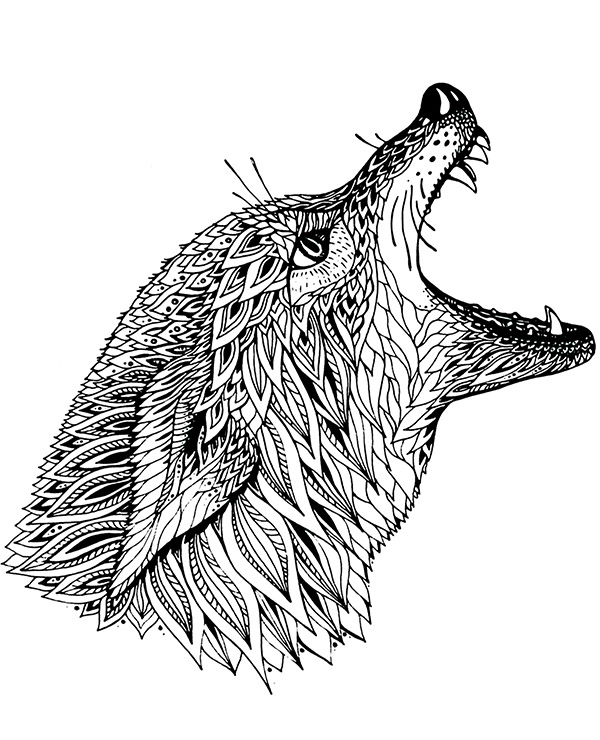 Printable relaxing mandala wolf