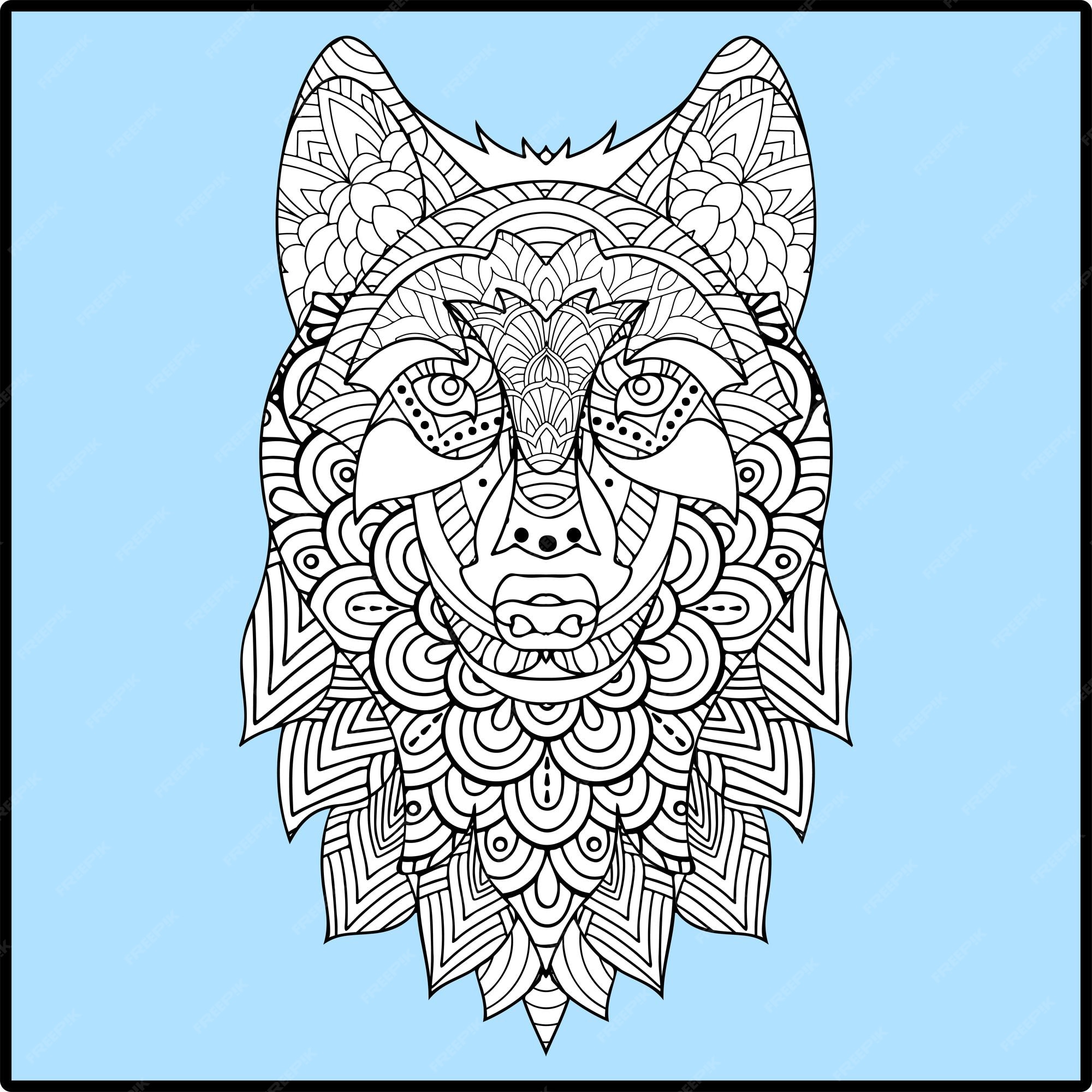 Premium vector mandala animal animal coloring coloring page mandala wolf wolf wolf mandala wolf face mandala
