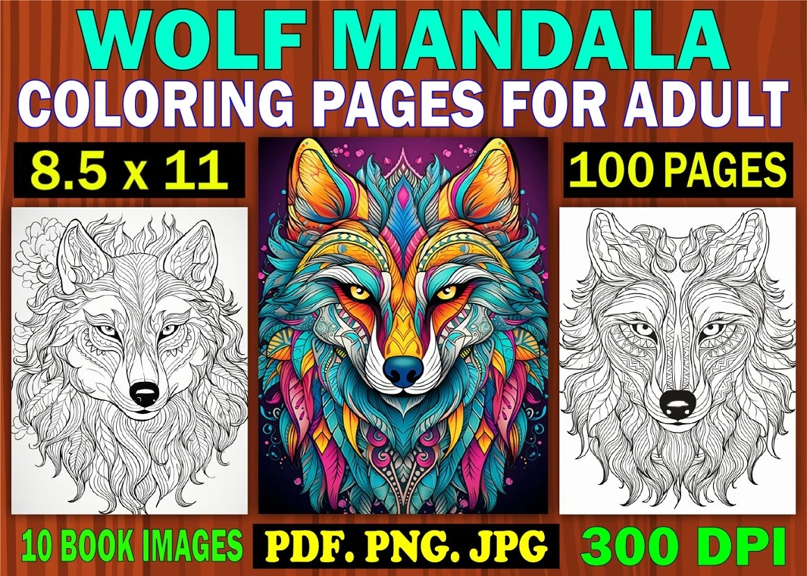 Wolf mandala coloring page for adult designful market