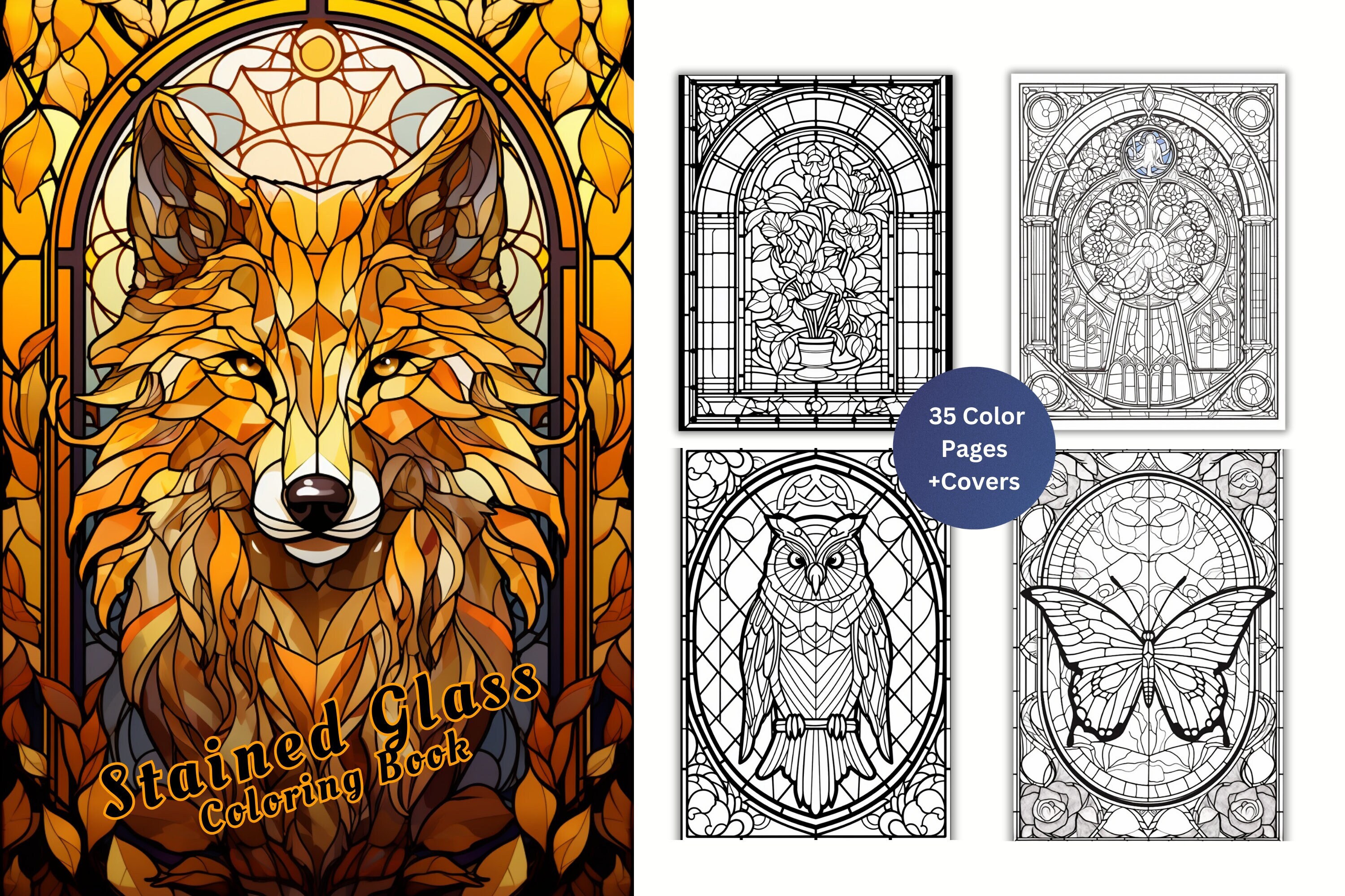 Stained glass collection coloring page adults kids instant download grayscale coloring page gift printable pdf stained glass