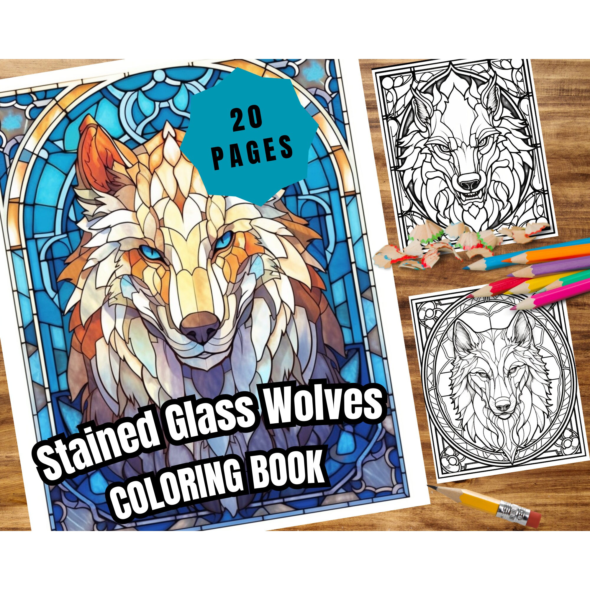 Stained glass wolves coloring book instant download printable pdf pages