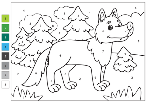 Wolf color by number free printable coloring pages