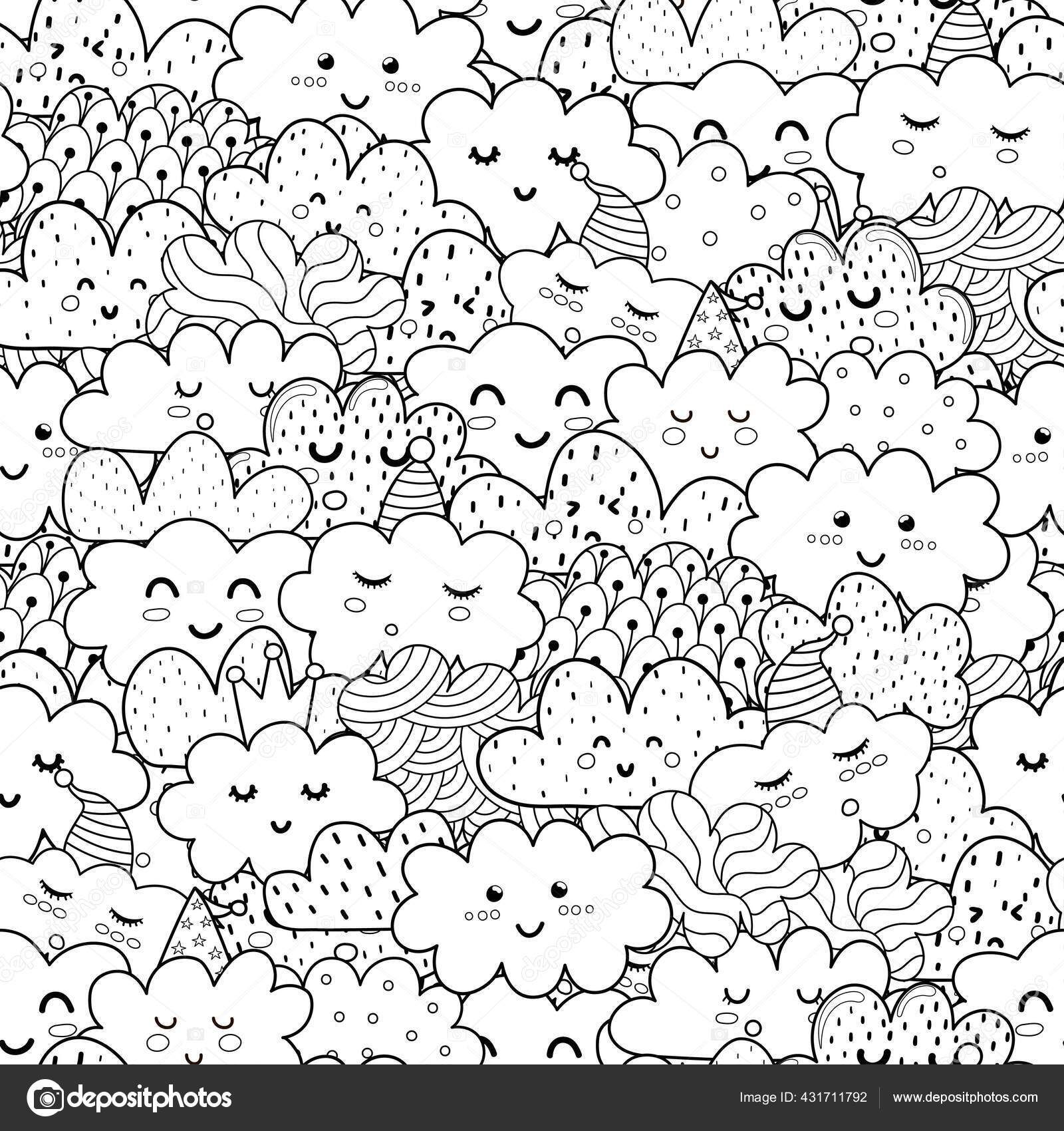 Doodle wolken schwarz und weiã nahtlose muster lustige ausmalbilder stock