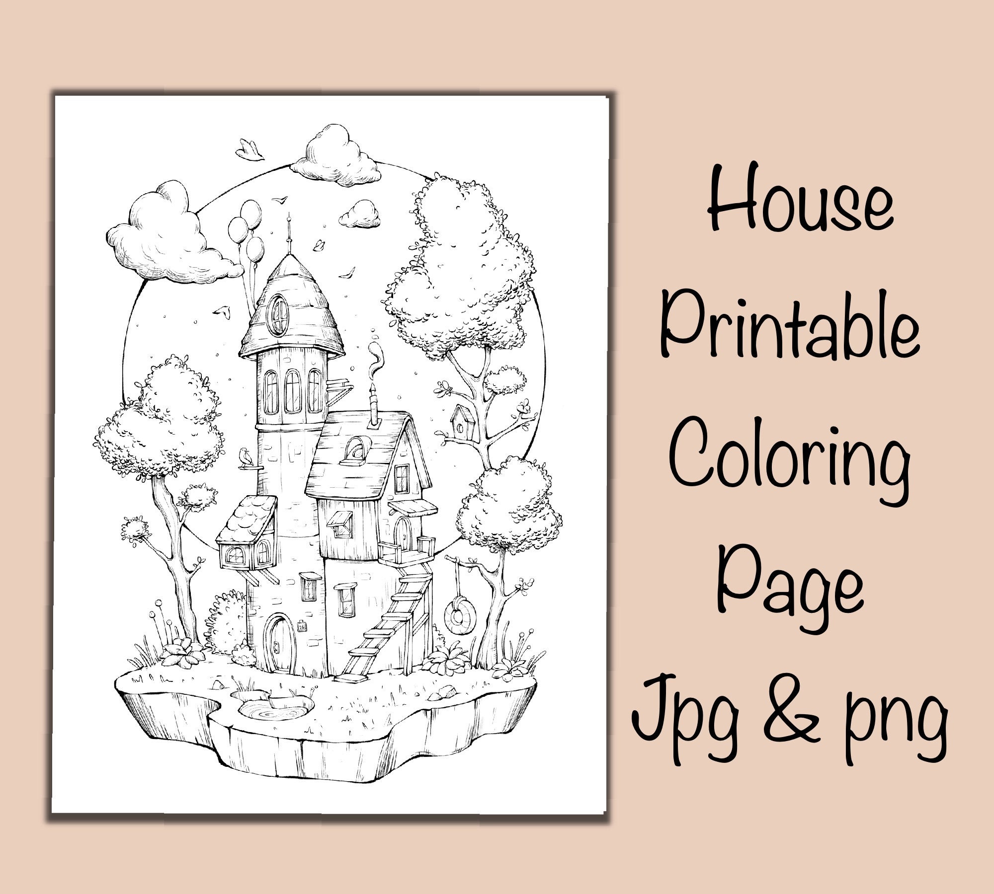 House coloring page building detailed printable procreate by reydaprints