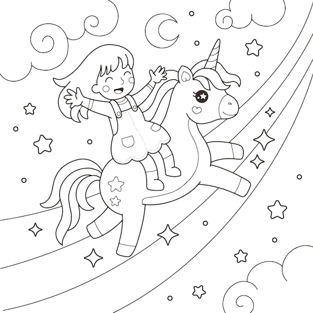 Ausmalbild mãdchen auf einem einhorn das ãber einen regenbogen fliegt premium