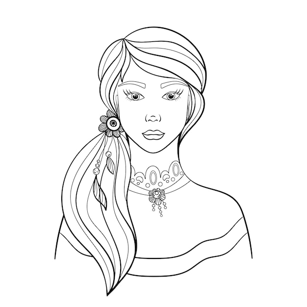 Premium vector beautiful woman face coloring book outline long hair pretty face vintage jewelry