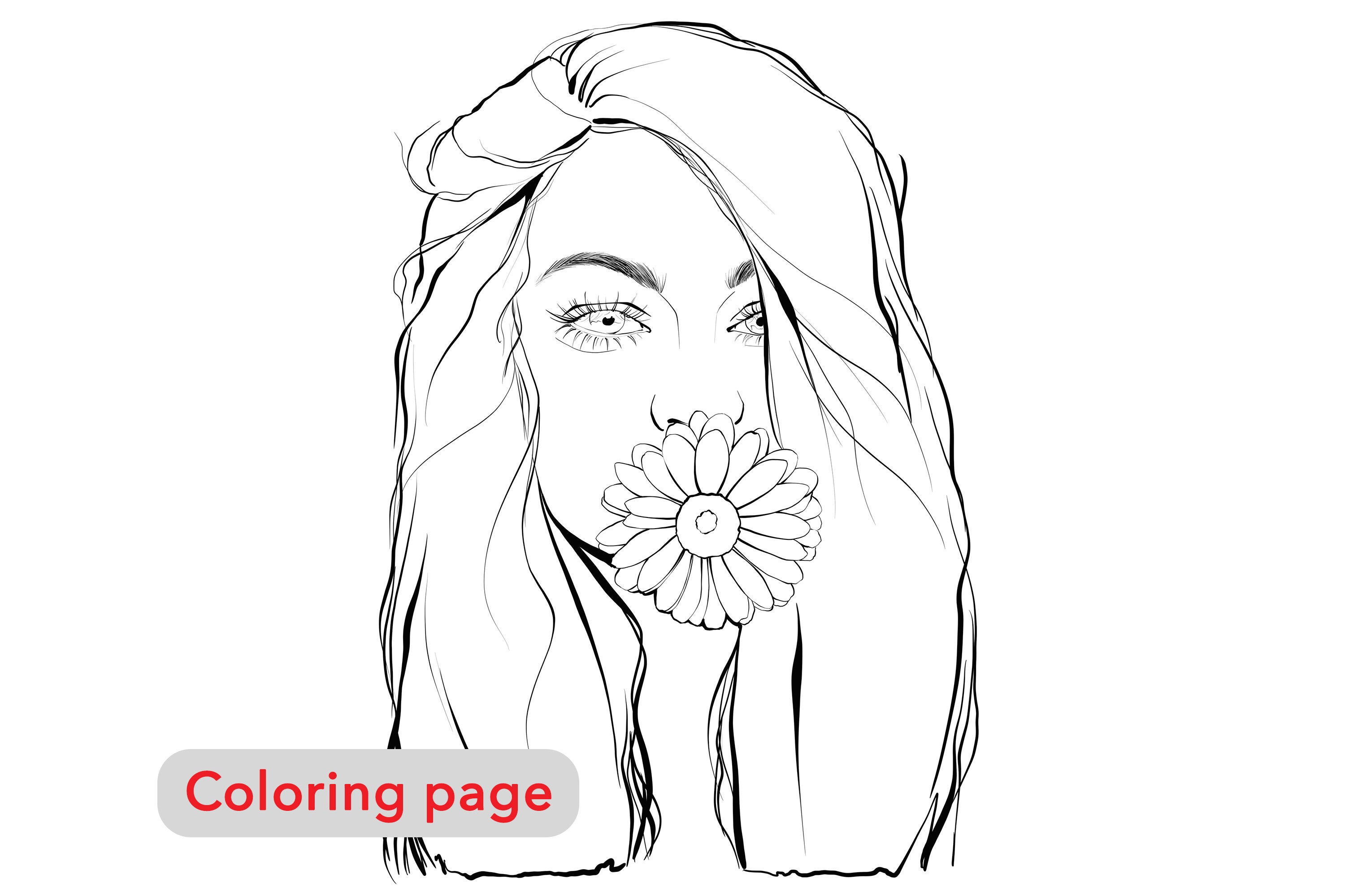 Coloring page gerbera girl contour woman line drawing digital download fashion illustration portrait premium coloring pages for adults