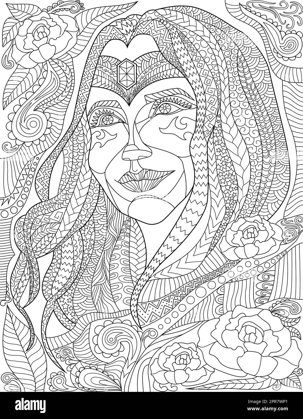 Coloring page with detailed beautiful woman face with jewelry on forehead stock photo