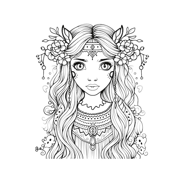 Premium vector boho style hippie only one girl coloring page for adults