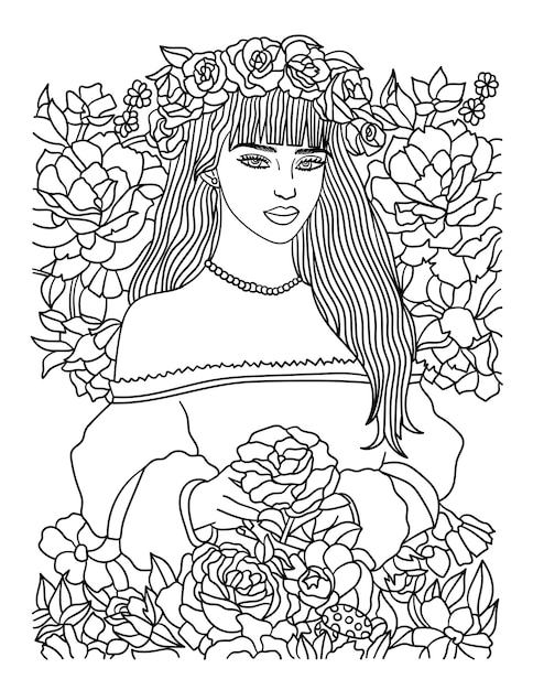 Premium vector beautiful flower girl coloring page for adults