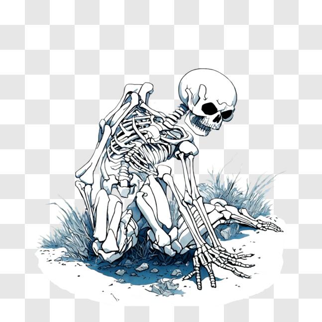 Download skeleton kneeling down in the grass png online