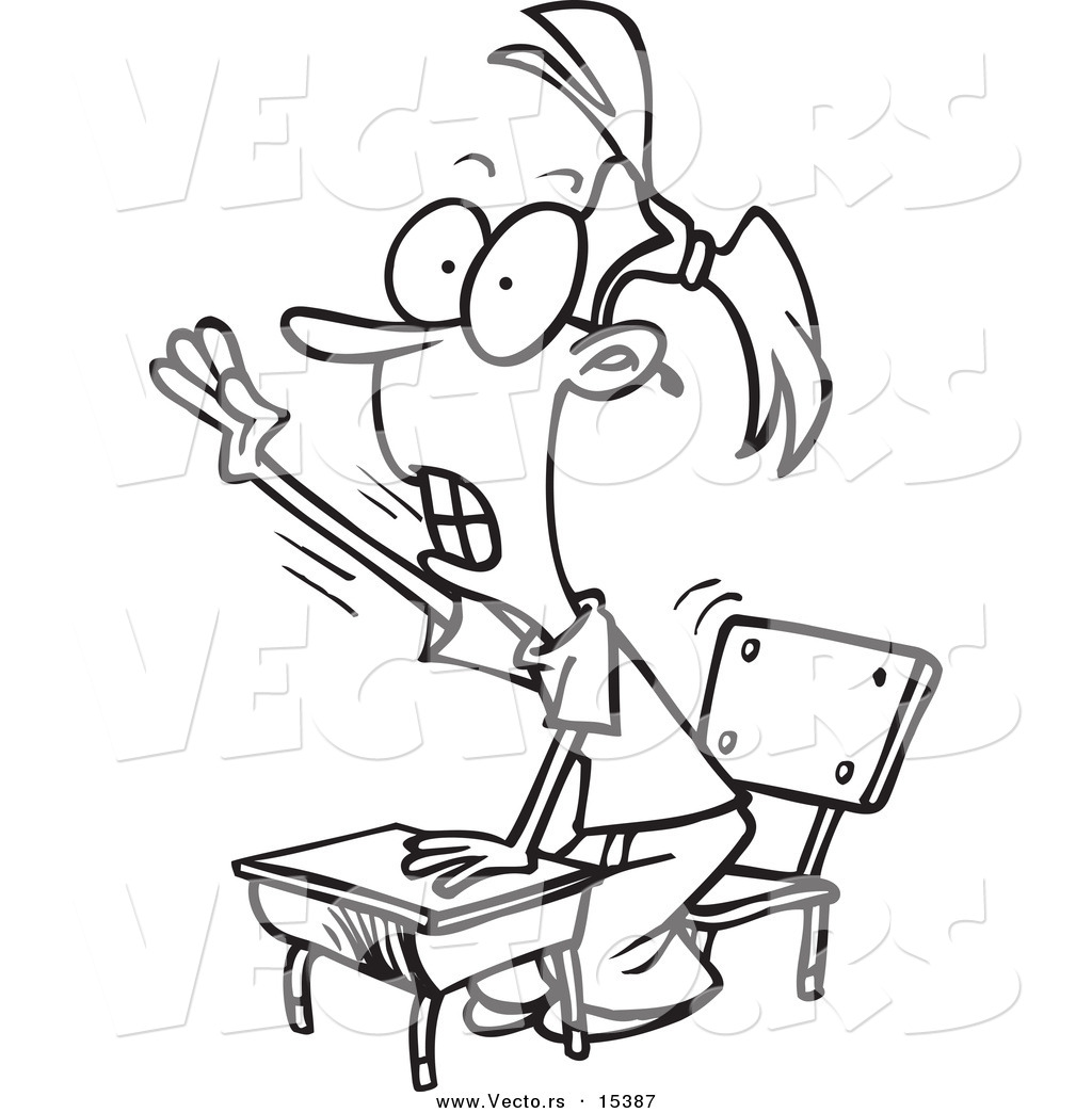 R of a cartoon smart school girl raising her hand